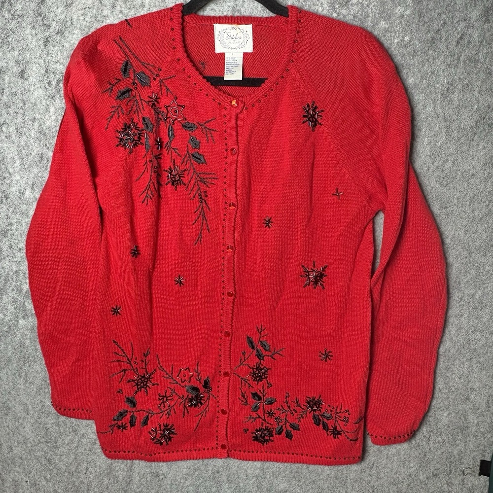 Stitches In Time Red Cardigan Sweater Size S Black Beaded Decorations NICE